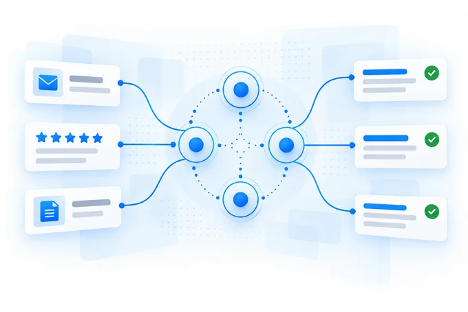 Diagram of email, review and document cards linked through four central nodes to three completed task cards | Aluxads
