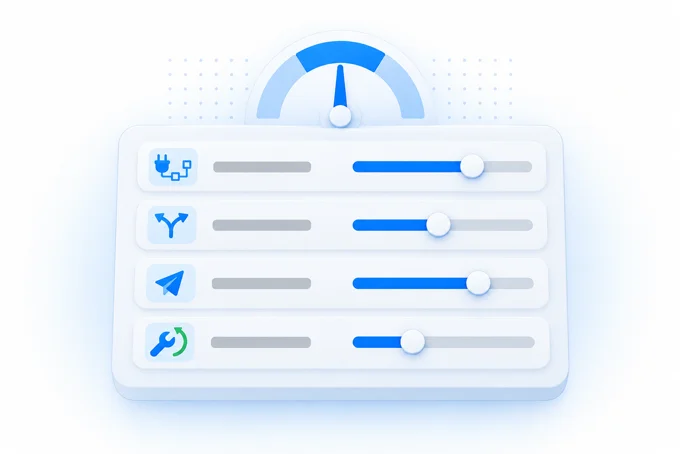 Control panel with a gauge on top and four rows of icons, each with a slider set to a different level | Aluxads