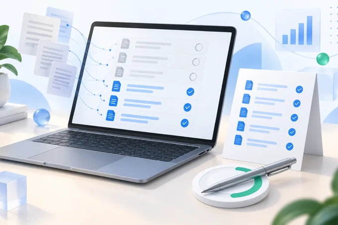 Laptop showing a list of documents with blue checkmarks beside a checklist card and a pen on a desk | Aluxads