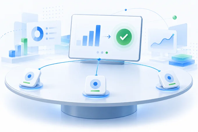 Illustration of three small devices linked to a central screen showing a rising bar chart and a green approval tick | Aluxads