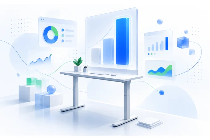 Standing desk with a plant in front of floating screens showing a donut chart, bar charts and line graphs | Aluxads