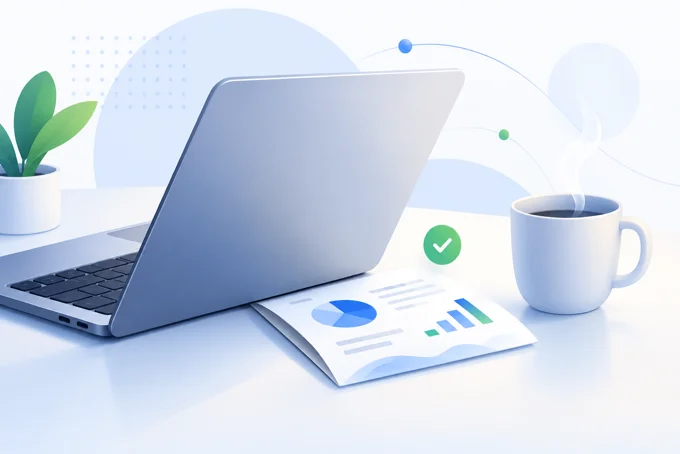 Laptop on a desk beside a printed report with charts, a steaming coffee mug, a green checkmark and a potted plant | Aluxads