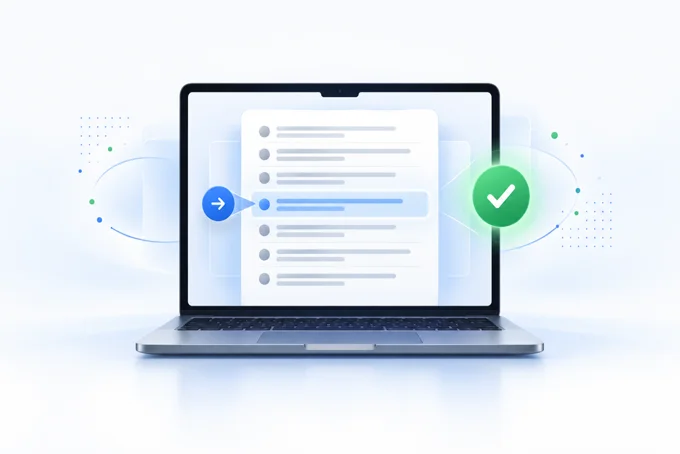 Laptop screen showing a list with one item highlighted, a blue arrow pointing at it and a green check mark | Aluxads
