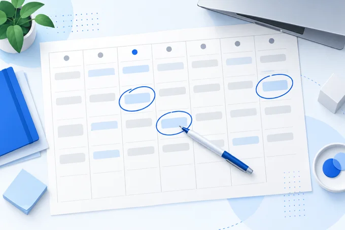 Weekly planner grid with a few time blocks circled in blue pen, beside a notebook, a plant and a laptop | Aluxads