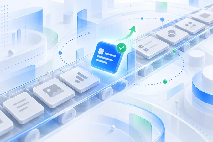 One highlighted job moving along a line of grey tasks, marked with a green check and a rising arrow as the first job to automate | Aluxads