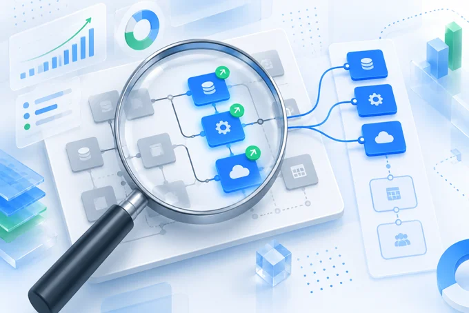 Magnifying glass over a process map of connected app blocks, with three highlighted blocks linked to a side panel | Aluxads