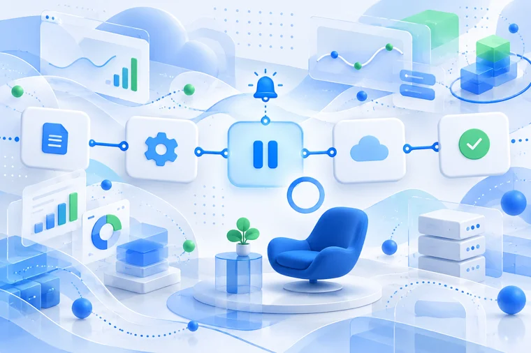 Workflow of connected steps from document to settings, a paused step with an alert bell | Aluxads