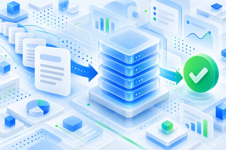 Stack of documents flowing along an arrow into a glowing server stack, then on to a green check mark | Aluxads