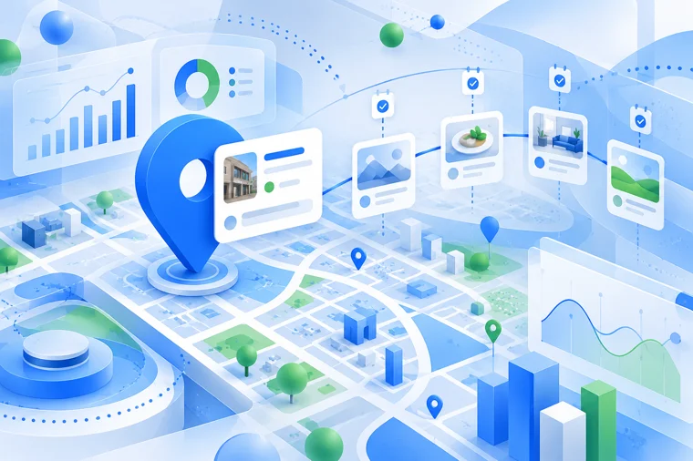 Google Business Profile posts illustration: a business listing whose post feed keeps filling week after week | Aluxads