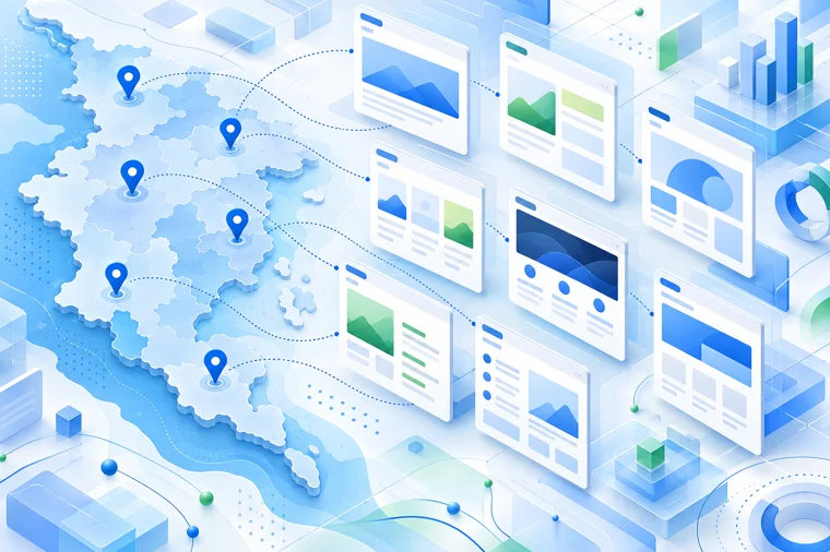 Aluxads programmatic SEO illustration: one map with pins feeding a set of distinct location page layouts | Aluxads