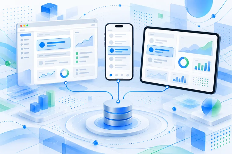 A central database linked by lines to a laptop browser, a phone and a tablet, each showing dashboards and charts | Aluxads