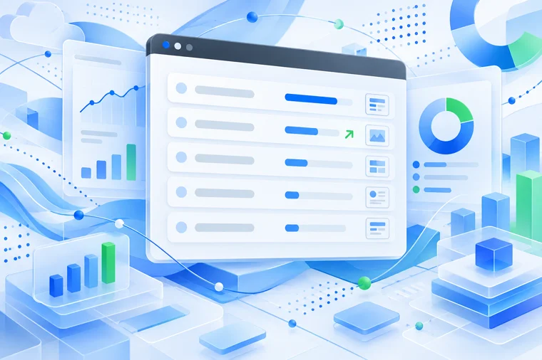 Browser window listing ranked search queries with progress bars, beside line | Aluxads