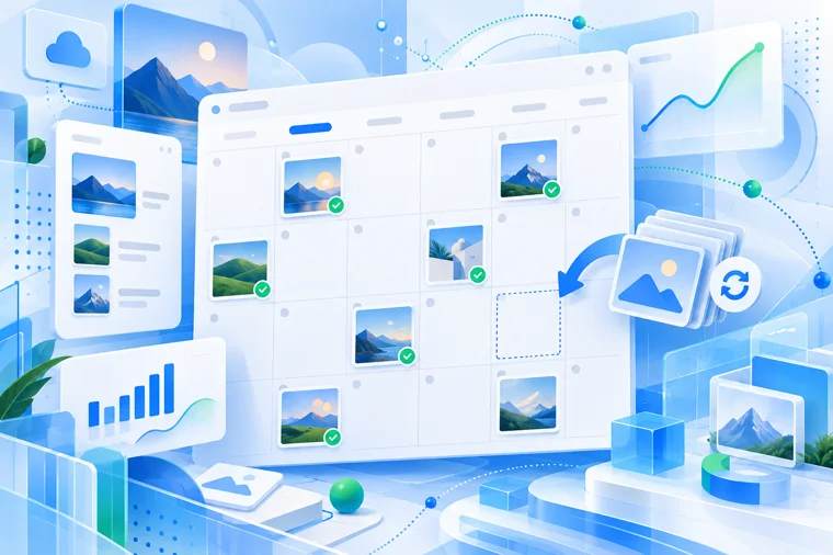 Calendar grid filled with approved landscape photos, each with a green check | Aluxads