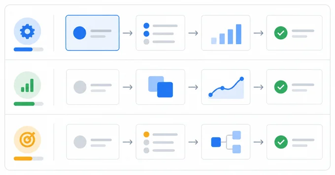 Three rows of workflow steps with arrows, from a start card through lists and charts to a green checkmark | Aluxads