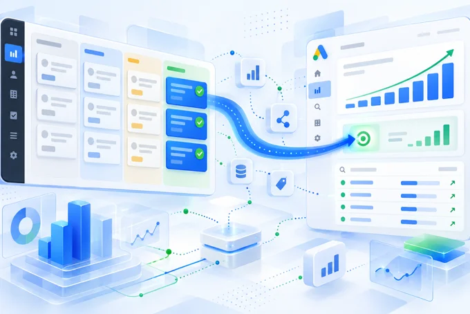 Kanban board with completed deals flowing along a blue arrow into a Google Ads dashboard with a rising bar chart | Aluxads