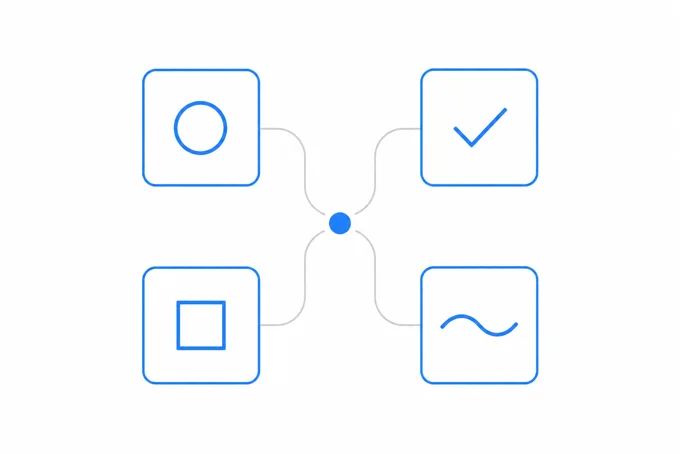 Four blue icon boxes with a circle, check mark, square and wave, each linked by a line to a central dot | Aluxads