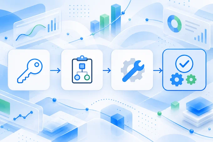 Four step flow from a key to a clipboard plan to a gear and wrench to a checkmark, over charts and dashboards | Aluxads