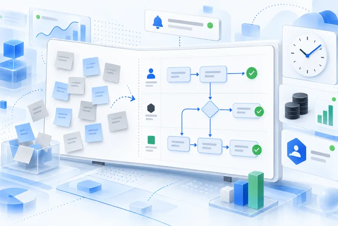 Sticky notes on a board turning into a flowchart with approval checks, beside a clock, database and chart icons | Aluxads