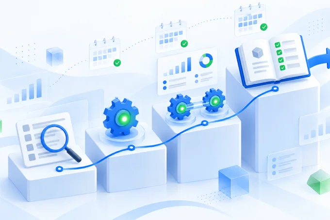 Four rising steps showing a rollout: an audit with a magnifying glass, gears, linked gears, then an open runbook | Aluxads