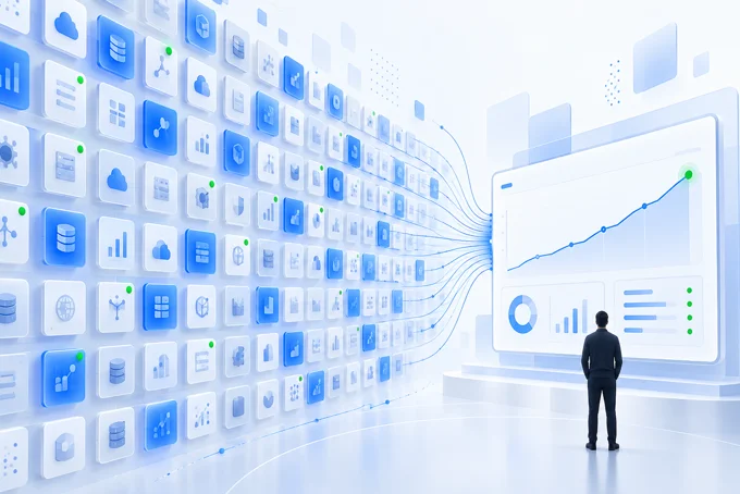 A wall of app tiles feeds data lines into one large dashboard while a person watches a rising chart | Aluxads