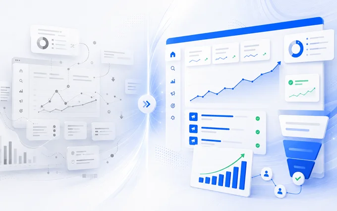 Split dashboard graphic: a faded, cluttered account on the left and a clear blue one with a rising chart | Aluxads