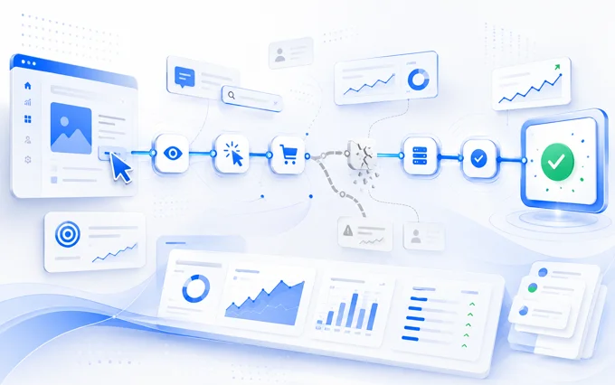 Illustration of a tracking flow from a browser click through a cart to a green check | Aluxads