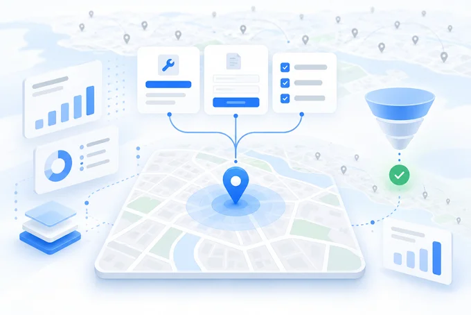 Illustration of a map with a location pin, linked to service, form and checklist cards, a funnel and bar charts | Aluxads