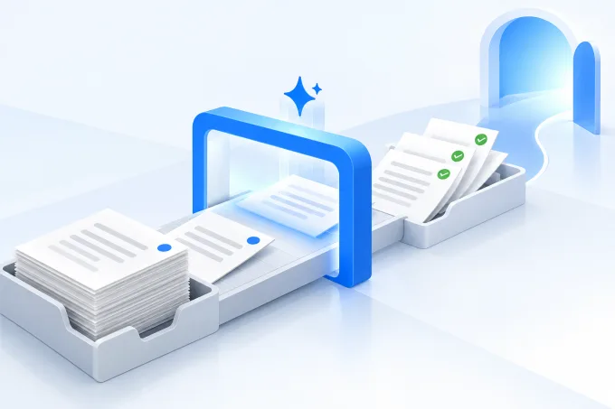 Paper pages move on a conveyor through a blue scanner arch and come out with green check marks | Aluxads