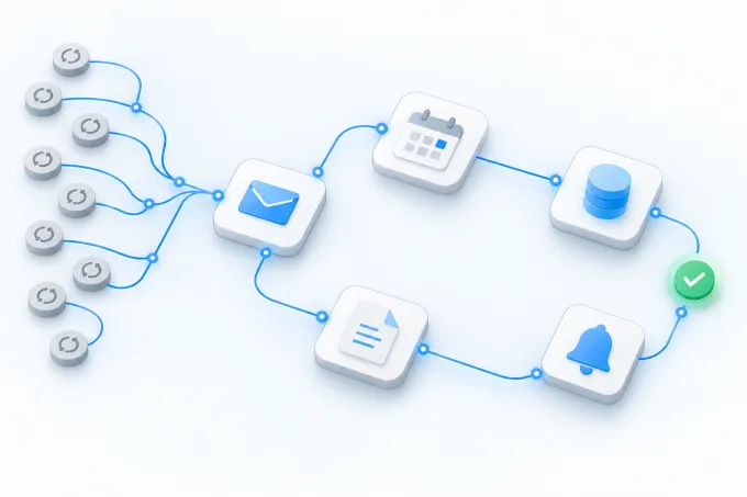 Diagram of many repeating task icons feeding into an email step, then calendar, database, document and alert steps | Aluxads