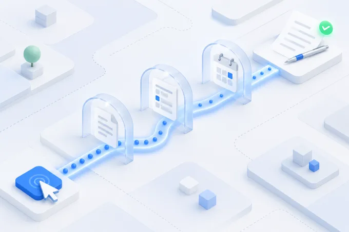 Isometric illustration of a glowing path running from a clicked button through document and calendar gates | Aluxads