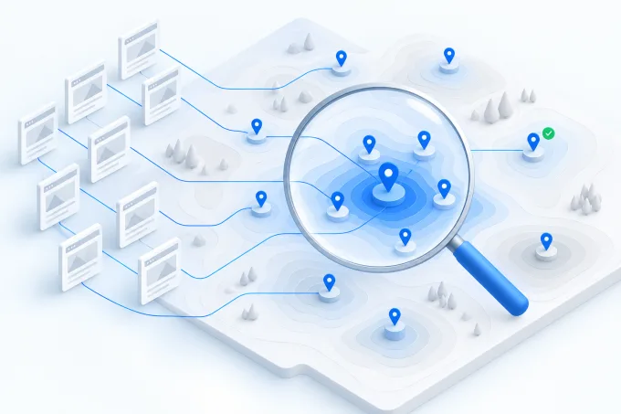 Web pages linked by lines to map pins on a terrain, with a magnifying glass zooming in on one location | Aluxads