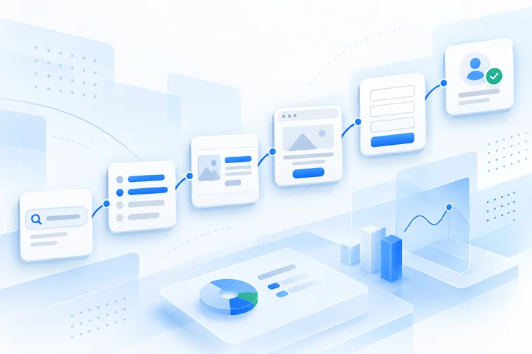 Illustration of a path from a search box through ads and a landing page to a form and verified contact | Aluxads