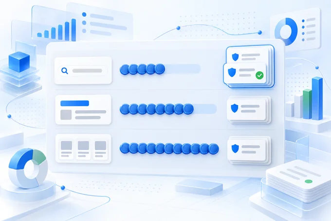 Illustration of a dashboard with three rows of search, ad and card sources, progress bars, shield cards and charts | Aluxads
