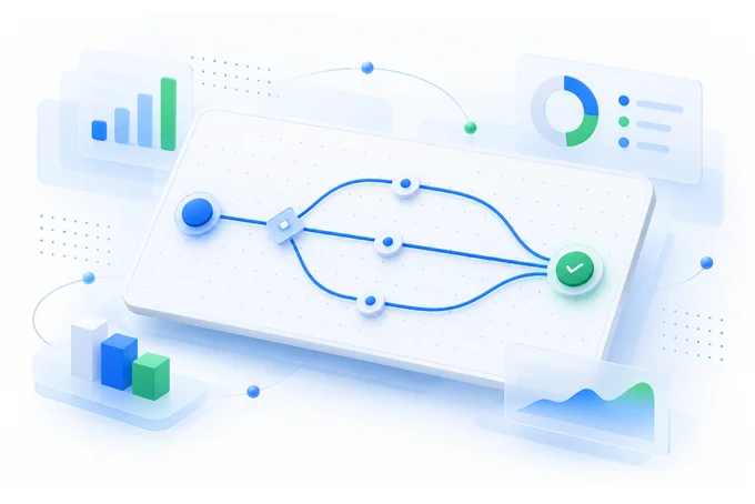 Illustration of an automation workflow with one starting point branching into three paths that merge at a green | Aluxads