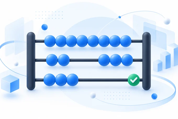 Illustration of an abacus with three rows of blue beads and a green check mark on the last bead | Aluxads