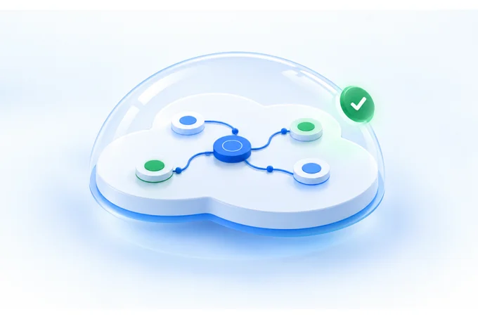 Glass dome over a cloud shaped platform with a central blue node linked to four smaller nodes and a green | Aluxads