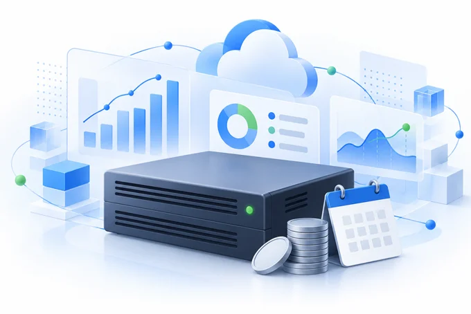 Illustration of a server unit with coin stack and calendar in front of cloud, bar chart | Aluxads