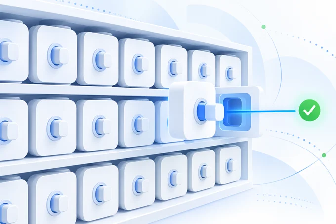 Shelves of white modular connector blocks, with one block plugging into a glowing blue socket beside a green | Aluxads
