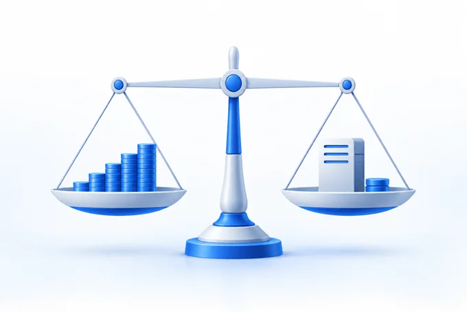 Balance scale with tall stacks of coins in one pan and a server with a few coins in the other | Aluxads