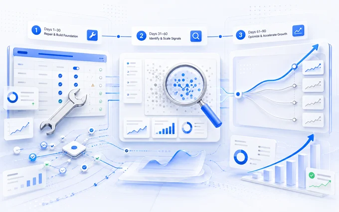 Three step 90 day plan: repair and build foundation, identify and scale signals, optimize and accelerate growth | Aluxads