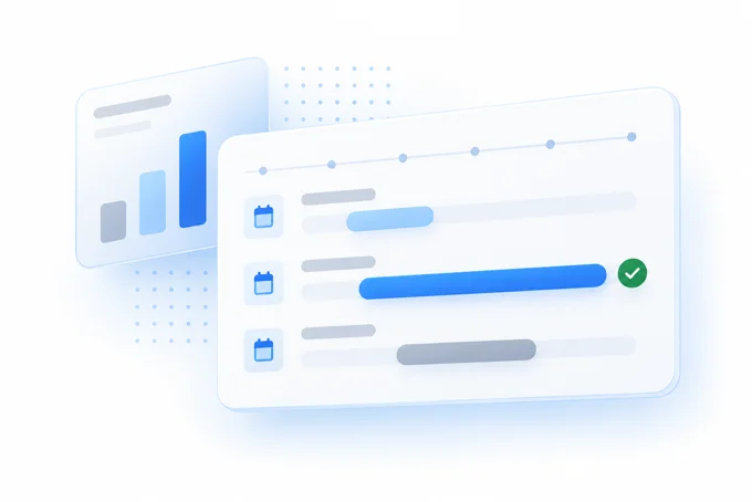 Illustration of a project timeline with three scheduled tasks, one marked complete, beside a small bar chart | Aluxads