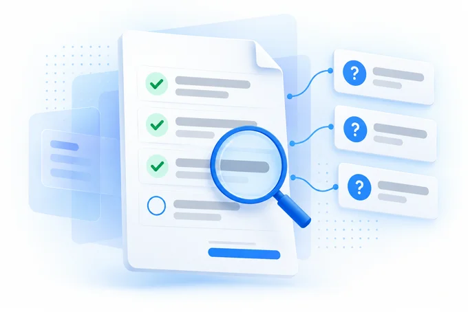 Checklist document with ticked items and a magnifying glass, linked to cards with question marks | Aluxads