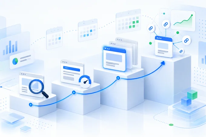 Aluxads SEO first 90 days illustration: four rising steps from audit to structure, content and links | Aluxads