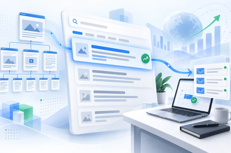 Search results page with a top ranked listing, a site page map on the left and a laptop on a desk | Aluxads