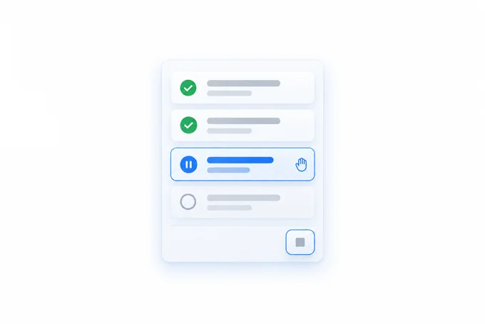 Task list with two steps checked off, a third paused and awaiting a manual hand approval, a fourth pending | Aluxads